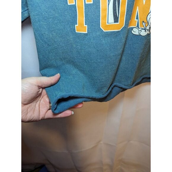 LOONEY TUNES Medium Crop TOP BUGS BUNNY TWEETY DAFFY T-Shirt Raw Hem Green - Picture 2 of 11